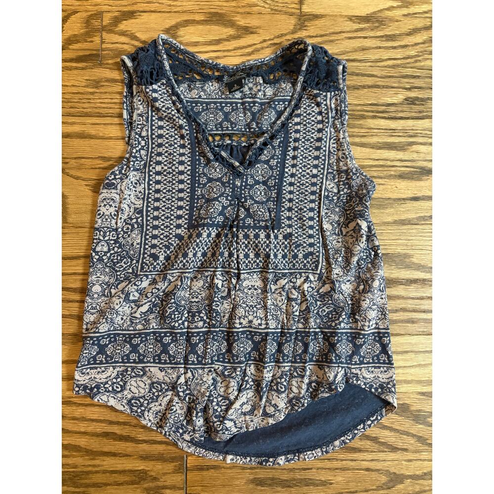 Lucky Brand Womens Small Navy Boho Print Crochet Swing Tank Cotton Blend EUC